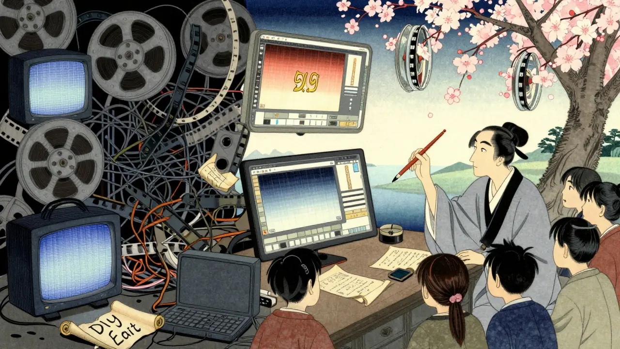 Контраст между хаотичным самодельным монтажом и изящным профессиональным видео в японском стиле.
