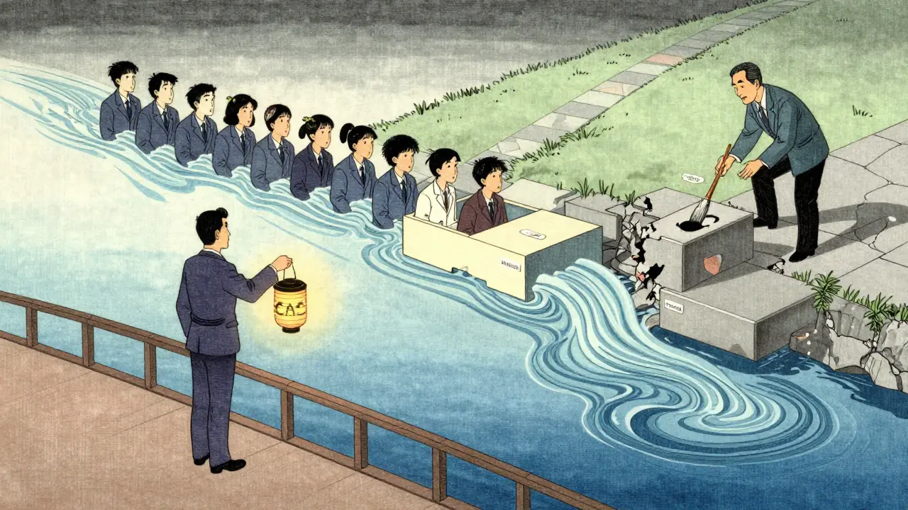 Маркетолог наблюдает за уходящими студентами, а педагог чинит учебный путь.