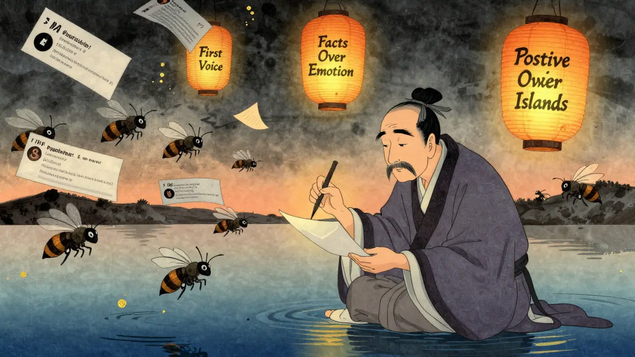 Мудрый наставник пишет письмо, окруженный штормом фейковых отзывов, над ним светятся три фонаря с принципами антикризисного PR.