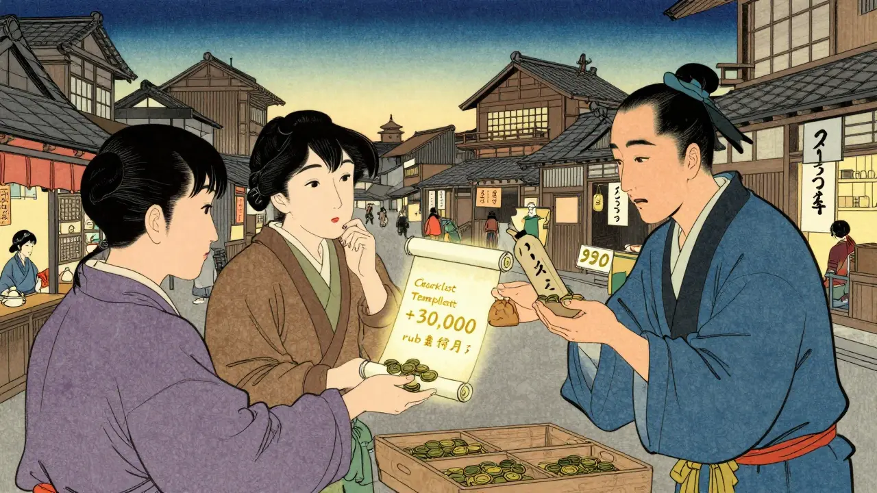 Покупатели обменивают монеты на цифровые продукты в уютном рынке с японско-русскими мотивами.