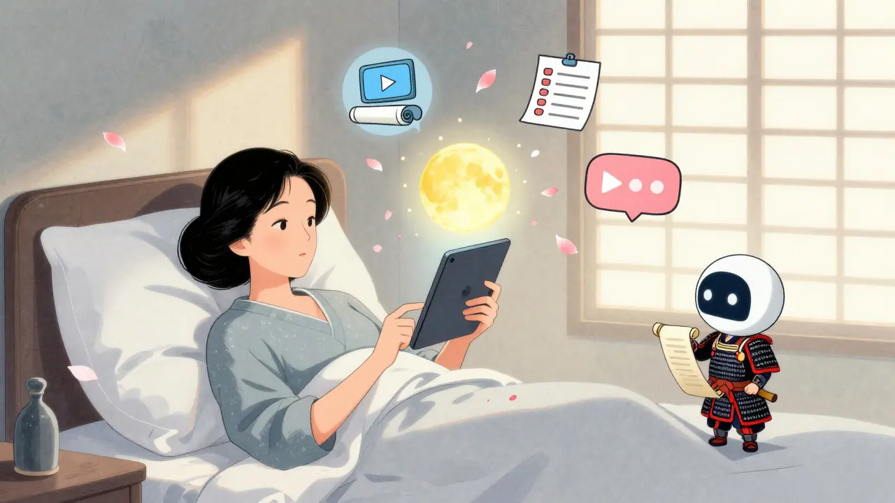 Пользовательница с еженедельным контентом и чат-ботом в стиле укиё-э