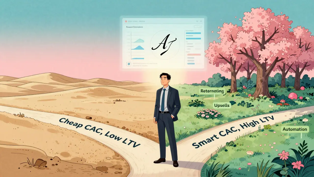 Предприниматель на перепутье: один путь в пустыню, другой — в сад с автоматизацией, над головой — AI-аналитика.