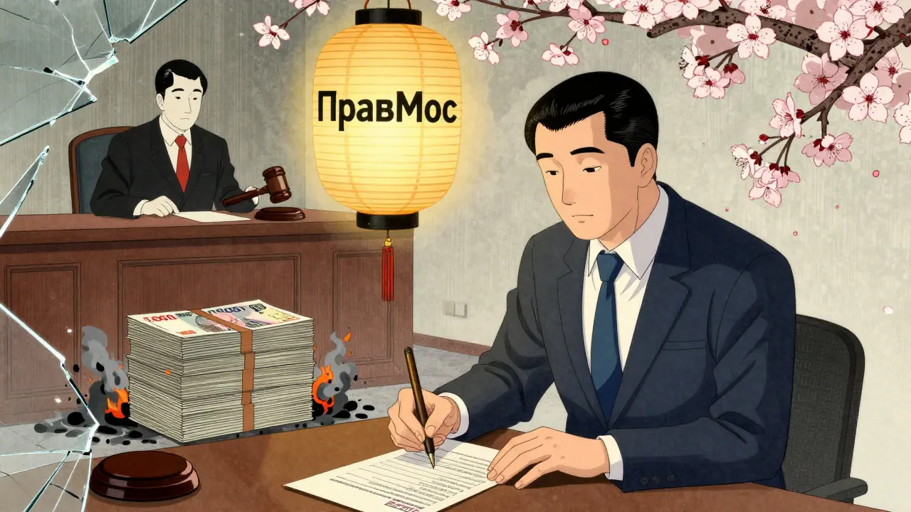 Предприниматель возвращает деньги, а за ним — суд и сгорающие штрафы, сакура цветёт сквозь разбитое стекло.