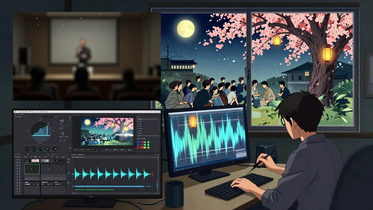 Процесс превращения сырого видео в профессиональный контент под лунным светом в стиле укиё-э.