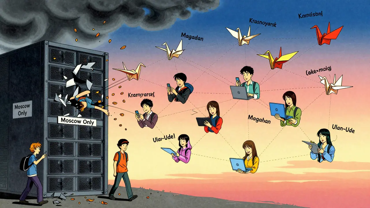 Разделённая сцена: разрушающийся сервер в Москве и сеть бумажных журавлей, доставляющих контент по всей России.
