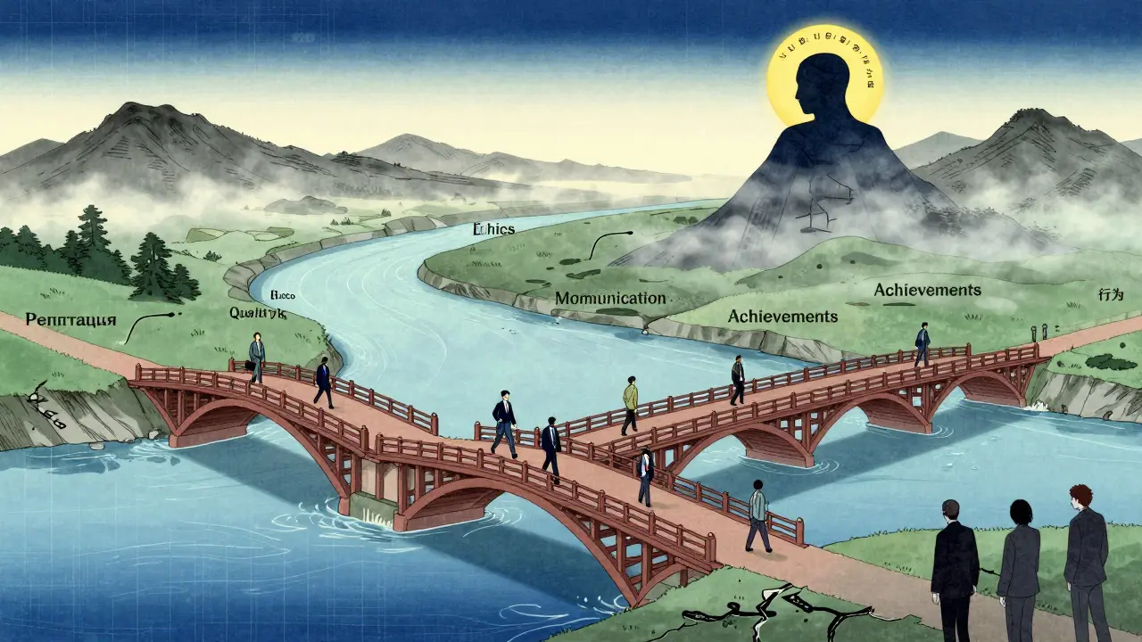 Река репутации течет мимо пяти мостов, каждый из которых символизирует аспект личного бренда, в японском пейзаже.