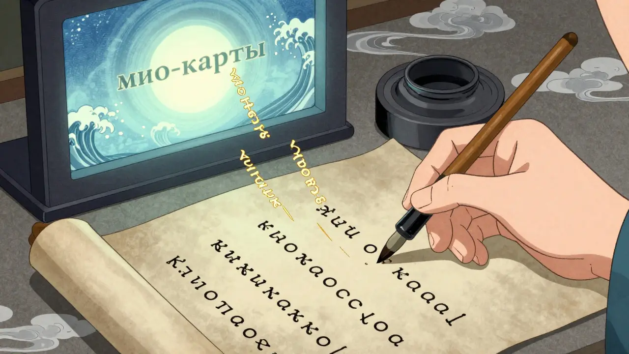 Рука исправляет ошибки в субтитрах на свитке, термины превращаются из неверных в правильные.