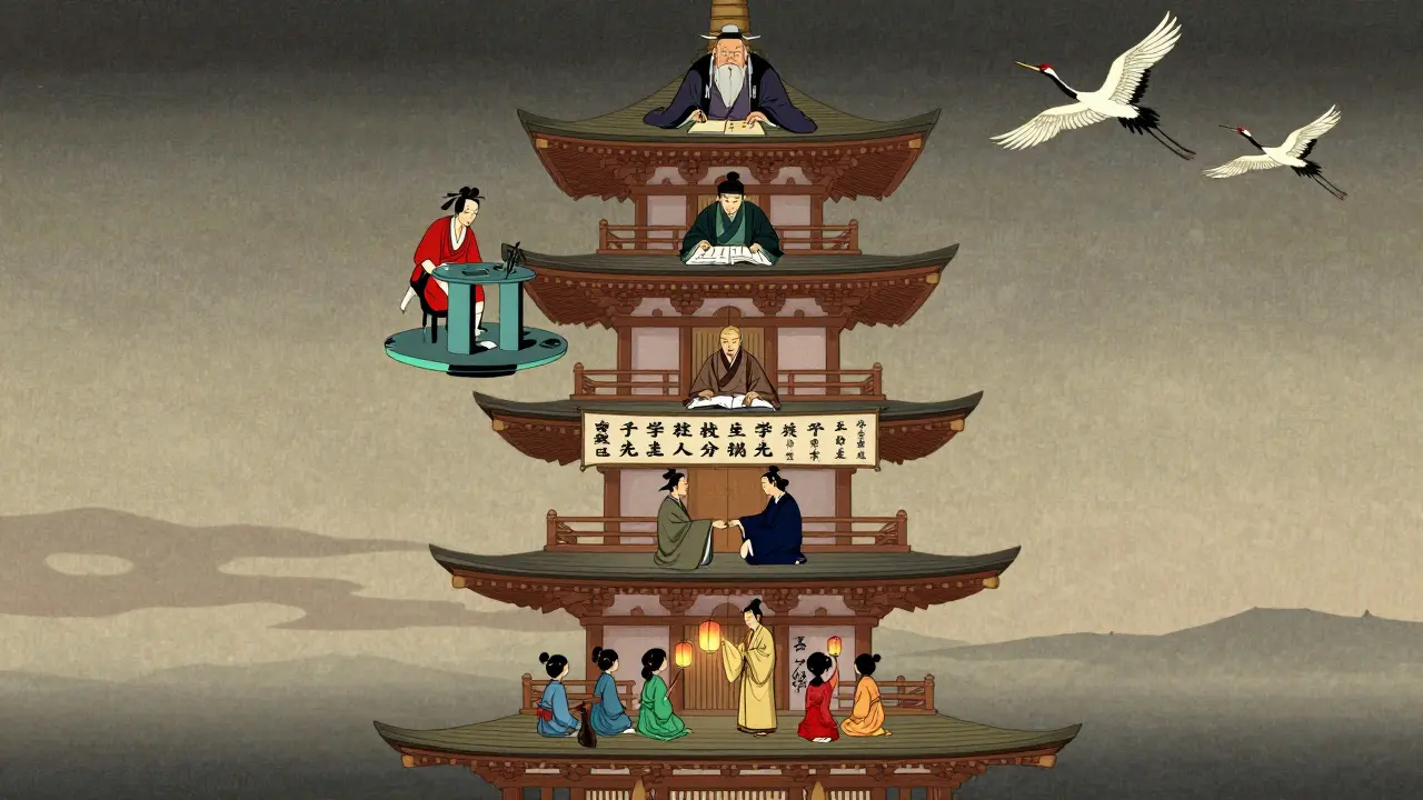 Шесть уровней онлайн-школы, изображённые как пагода с фигурами, выполняющими функции от руководства до обучения, в укиё-э стиле.