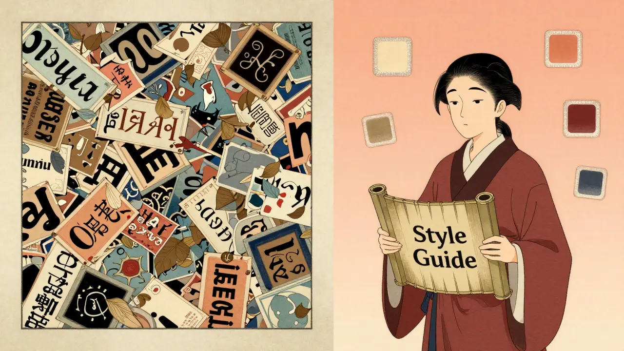 Сравнение хаоса и порядка: слева — разрозненные элементы, справа — гармоничный визуальный гайд с пастельными тонами.