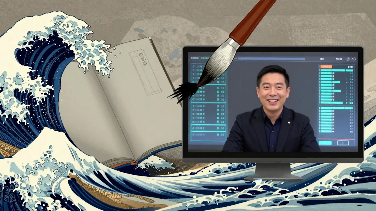 Статичное изображение учебника против живого видео преподавателя, с потоками данных CTR и CPL, оформлено в японском стиле укиё-э.