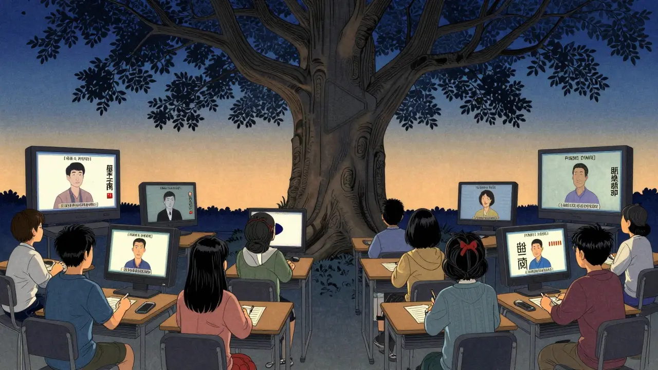 Студенты разных стран смотрят видео с двухязычными субтитрами и звуковыми описаниями под деревом.