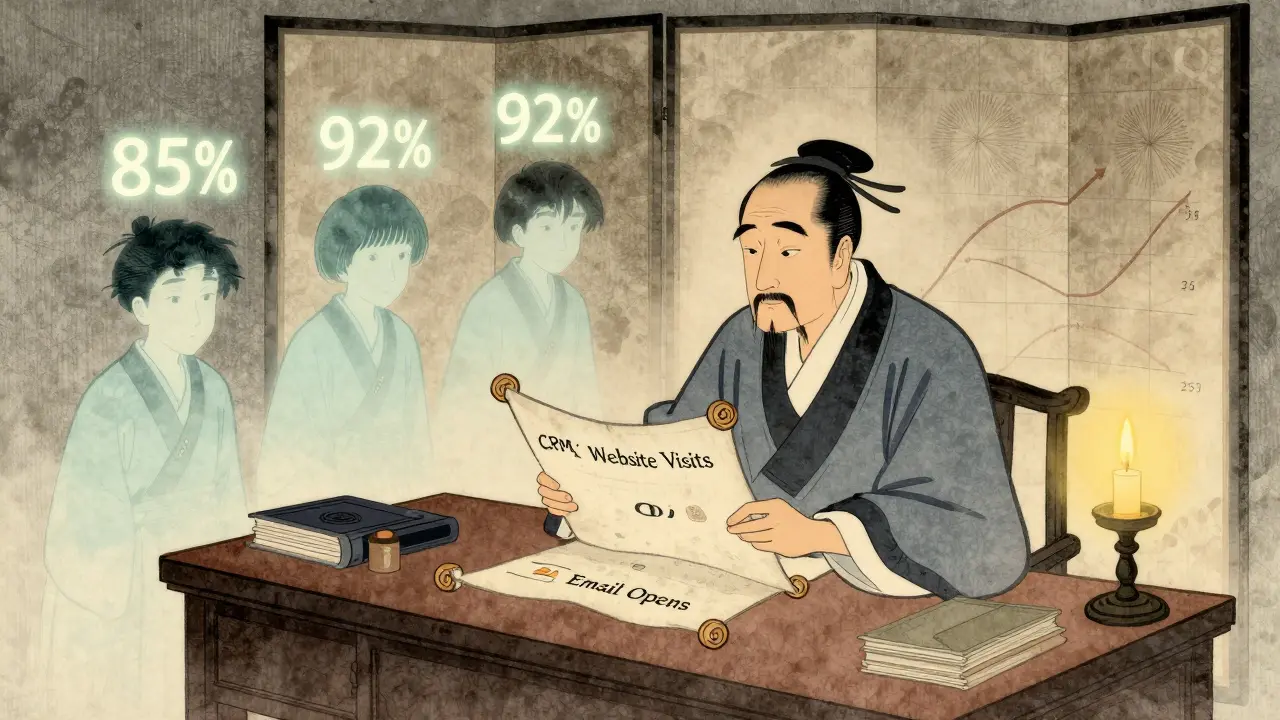 Учёный анализирует данные студентов, над головами которых висят вероятности покупки курсов.