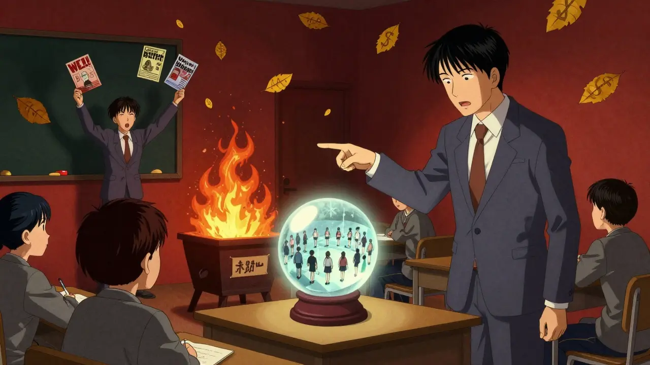 Учитель показывает на прогноз будущих студентов, в то время как бесполезные рекламные материалы сгорают.