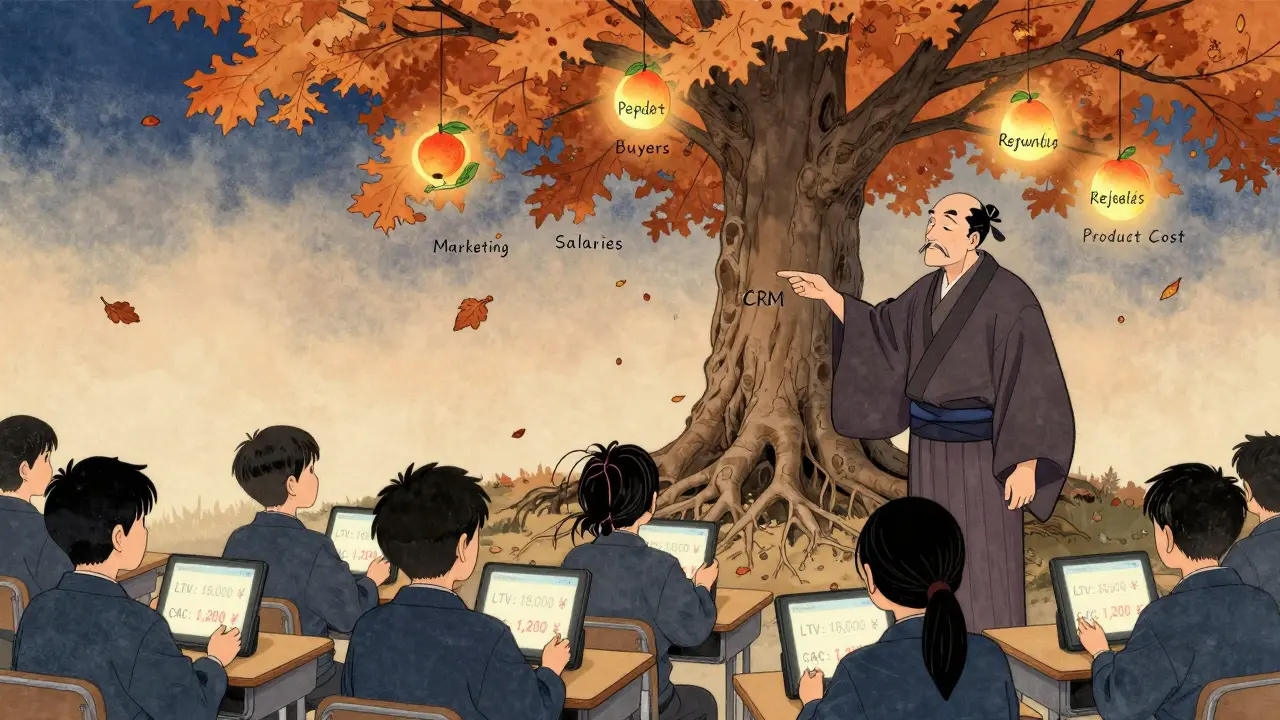 Учитель указывает на дерево с корнями маркетинга и плодами повторных покупок, ученики смотрят на экраны с LTV и CAC.