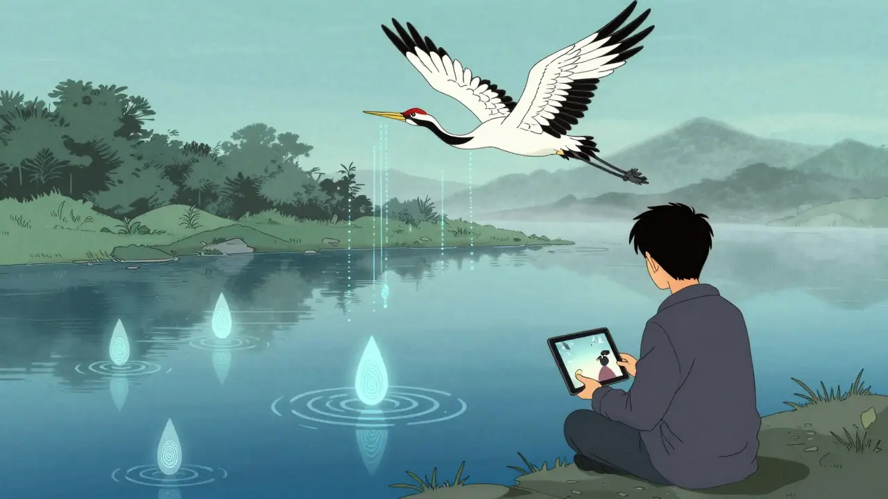 Укиё-э стиль: вода с невидимыми цифровыми метками, отражающая просмотр видео на плавающем устройстве.