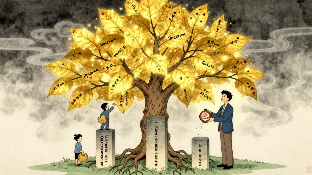 Золотое дерево продаж с корнями в виде трёх ключевых систем, поливаемое предпринимателем.