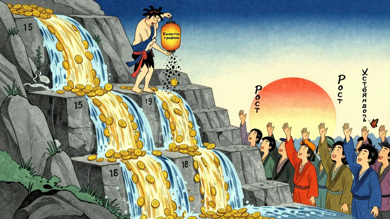 Золотой водопад комиссий с тремя уровнями, фильтрующий спам, под светом восходящего солнца.