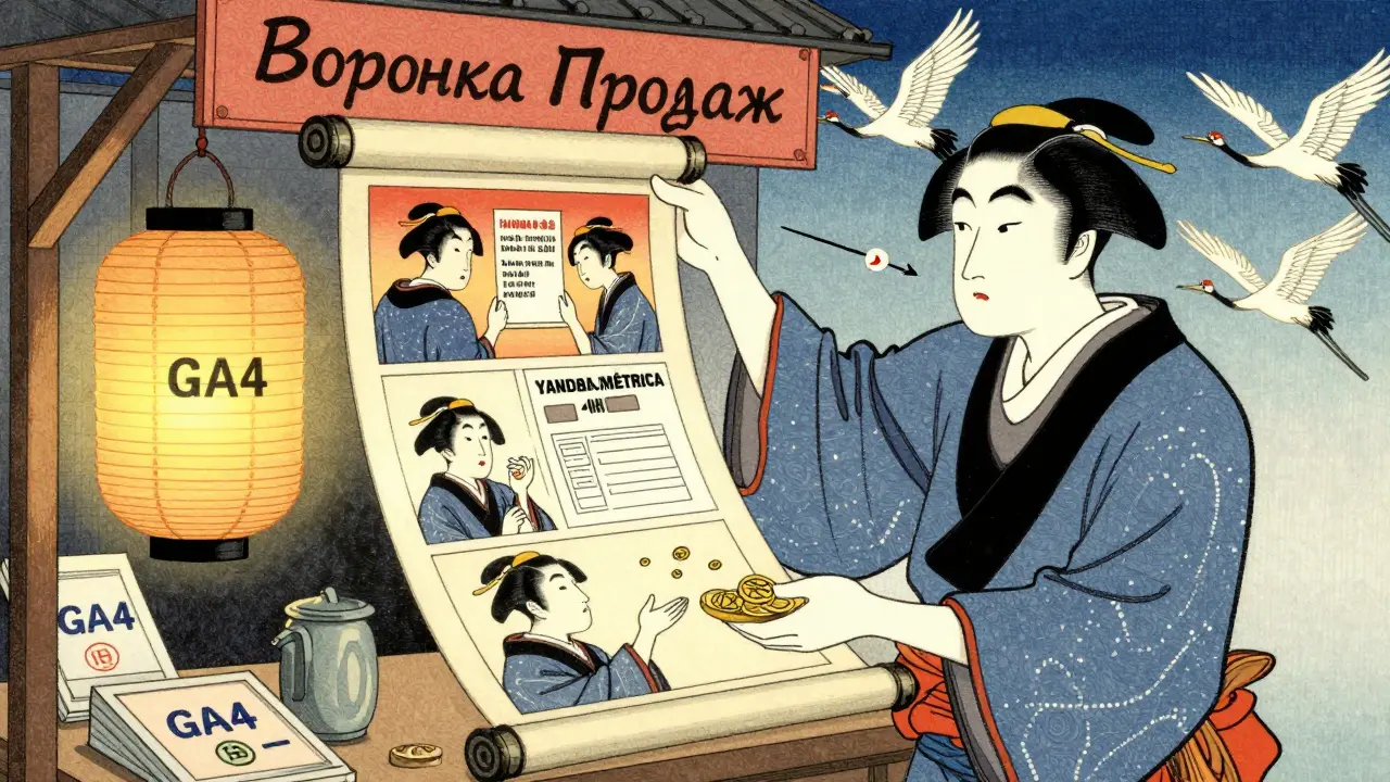 Японский торговец с свитком, показывающим этапы воронки, с лампой GA4 и журавлями.