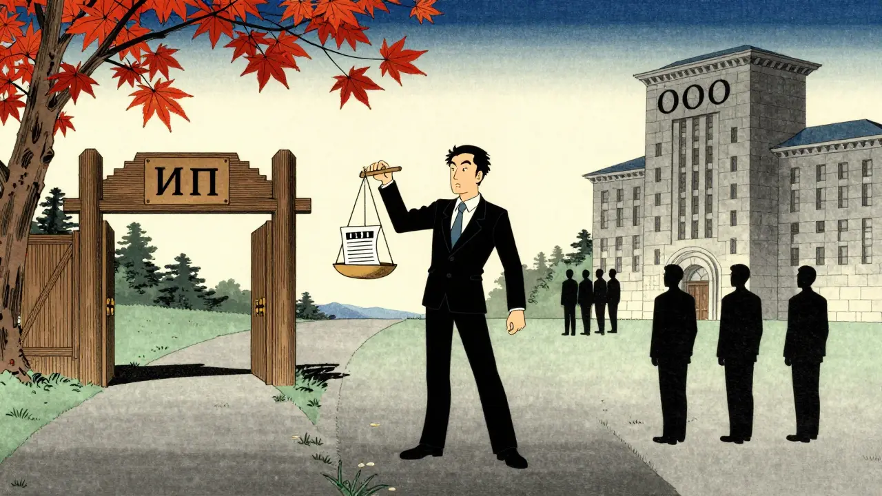 Человек стоит перед двумя путями: ИП и ООО, символизирующими простоту и масштабирование.