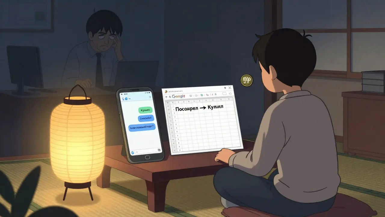 Человек вечером получает первый платёж через Telegram, рядом — простая таблица с продажами.