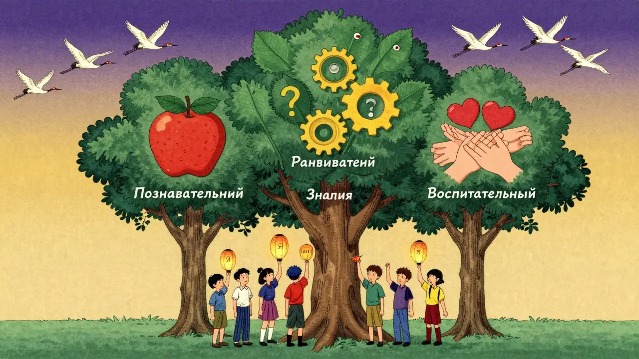 Дерево с тремя стволами символизирует три результата образования, под ним — ученики с фонарями достижений.