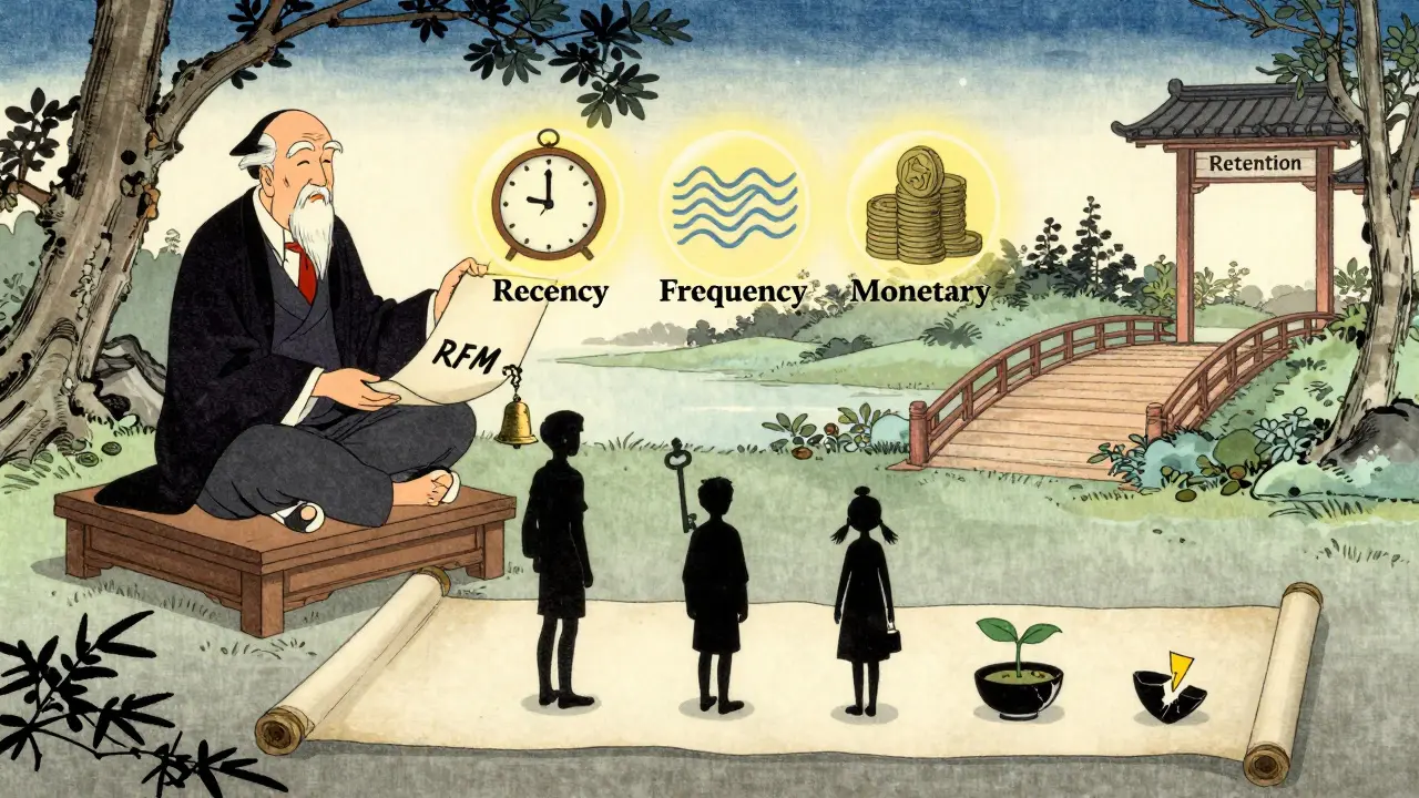 Директор школы держит свиток RFM с тремя светящимися символами, вокруг него пять семей в стиле укиё-э поднимаются к воротам удержания.