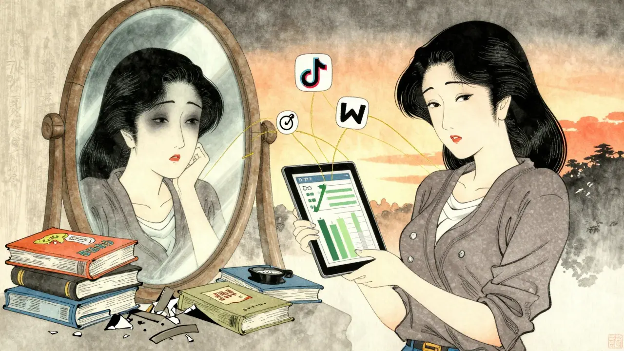 До и после: усталая женщина слева, уверенная — справа, с цифровыми иконами в стиле японской гравюры.