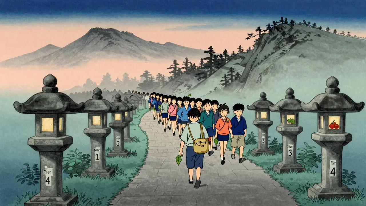 Дорога через горы с фонарями за каждый год: копание, полив, листья, плоды. За ним следуют ученики.