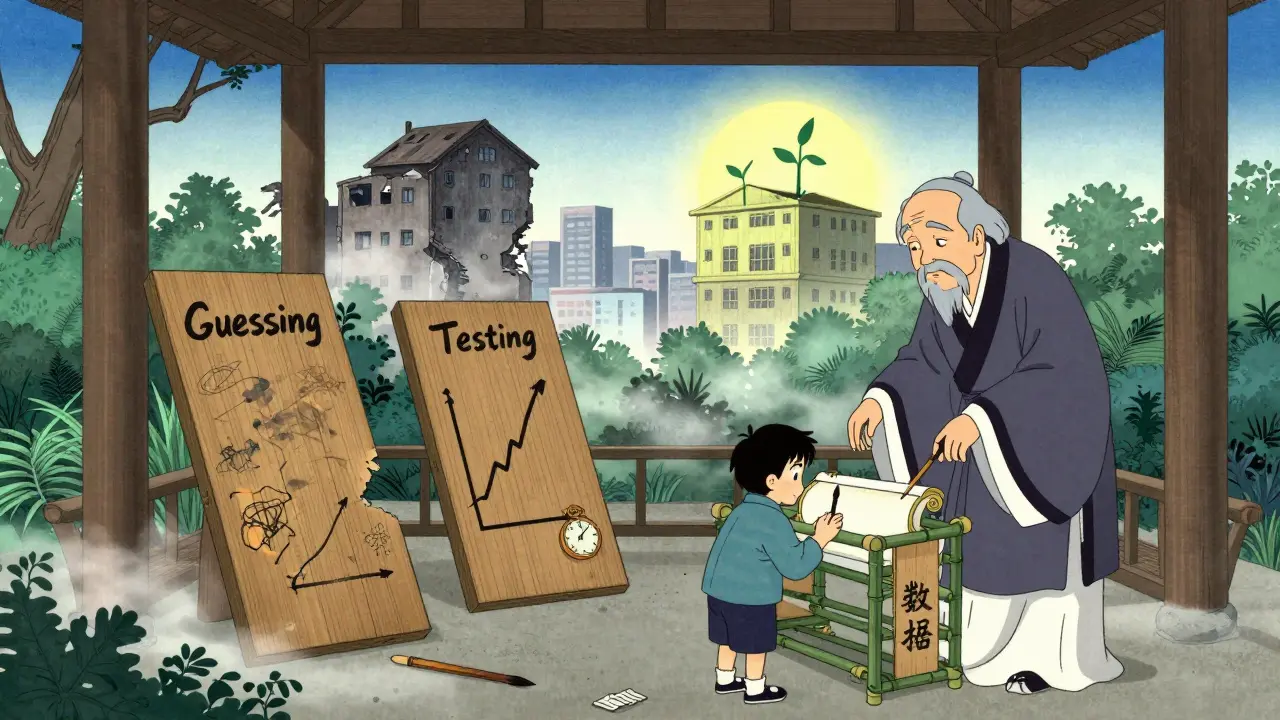 Два деревянных таблички: 'Угадывание' и 'Тестирование', мудрый наставник наблюдает за ростом данных, за ними — два здания: падающее и растущее.