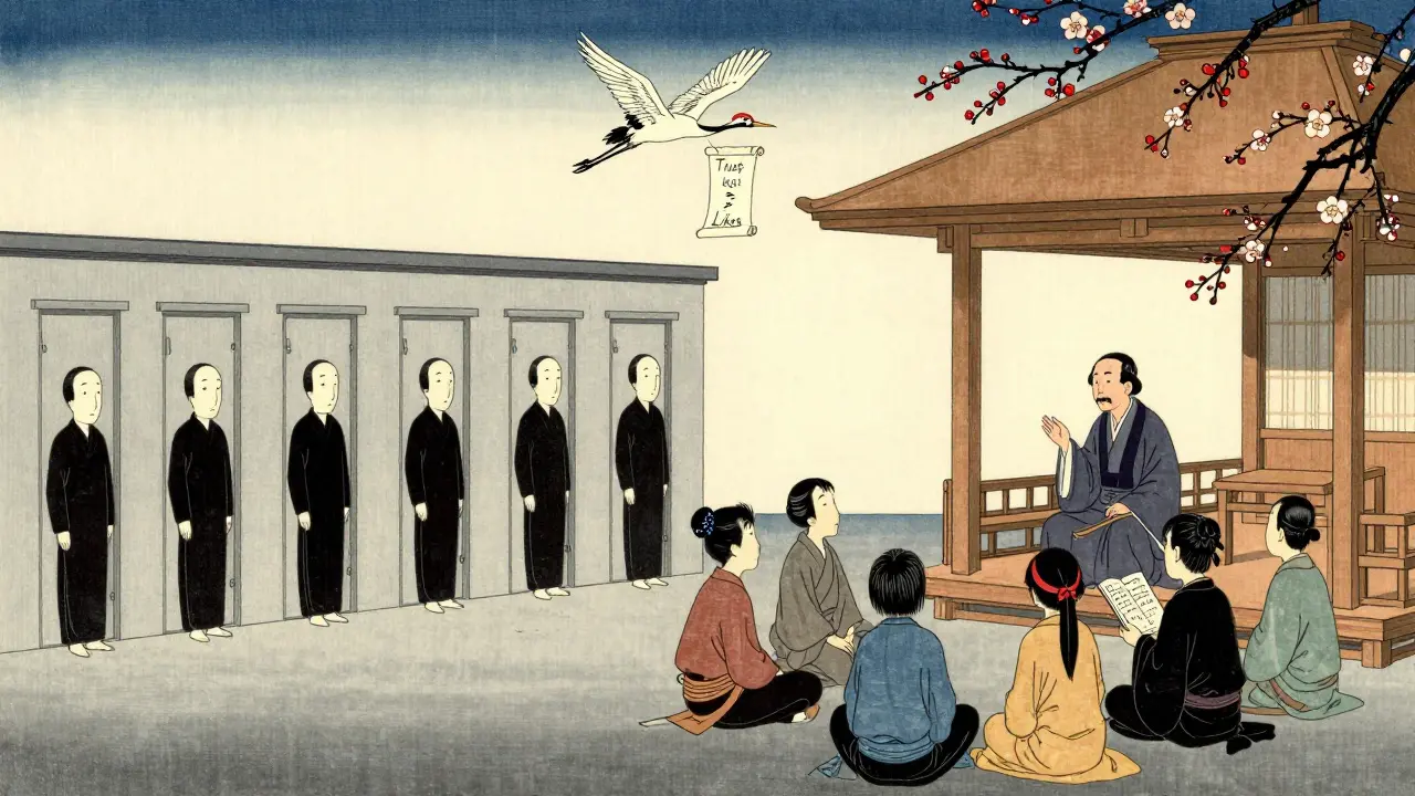 Две школы: одна безликой, другая — с учителем и учениками под деревом, над ними журавль с бумажкой 'Доверие > Лайки'.