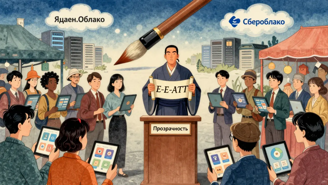 Люди учатся онлайн, центральная фигура держит принципы E-E-A-T, за ней — российские облачные серверы в стиле традиционной живописи.