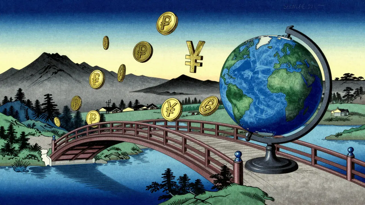 Мост с валютными символами и горами