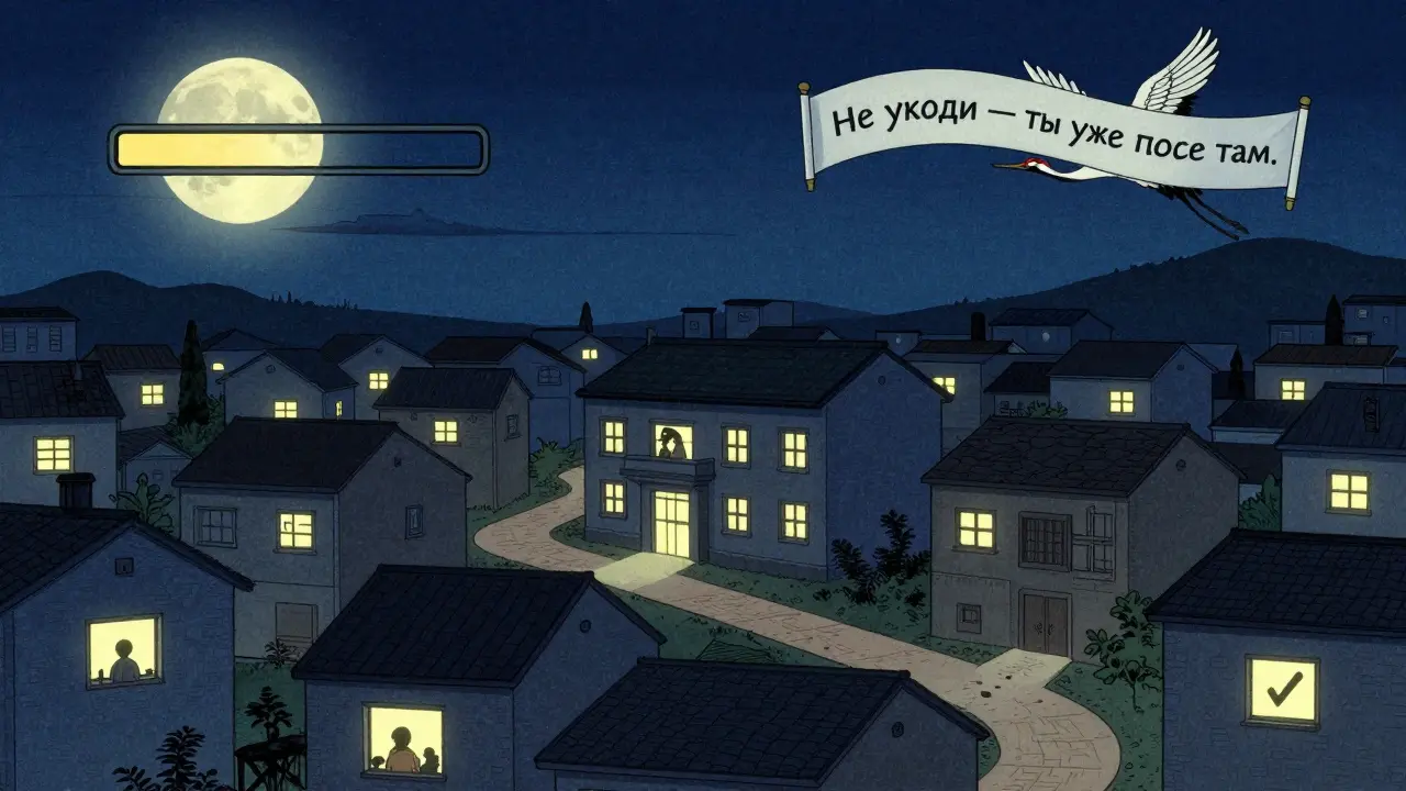 Ночной город с домами, где люди смотрят курсы, а журавль несёт надпись о завершении пути.