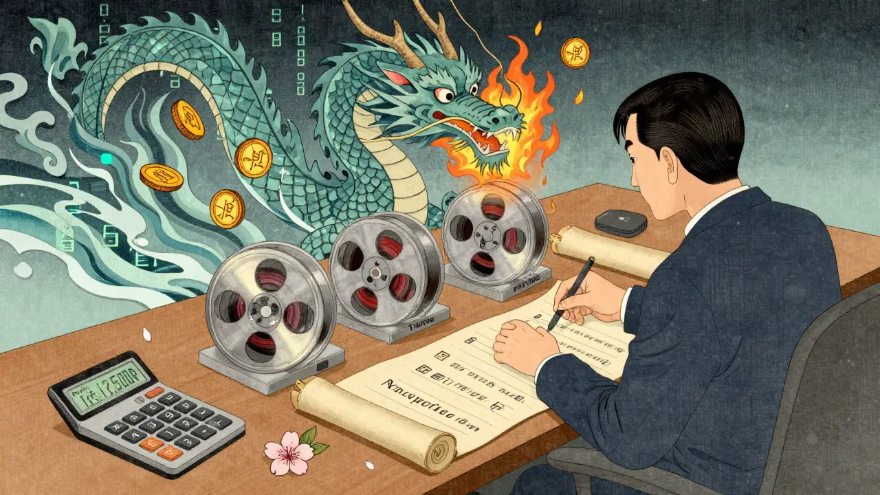 Предприниматель тестирует видеоролики, за ним — дракон из данных, выпускающий монеты, в стиле укиё-э.