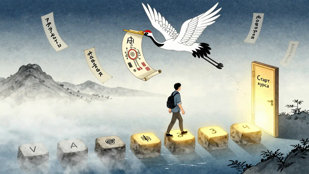 Путешественник идёт по десяти камням к двери курса, за ним — журавль с AI-символами