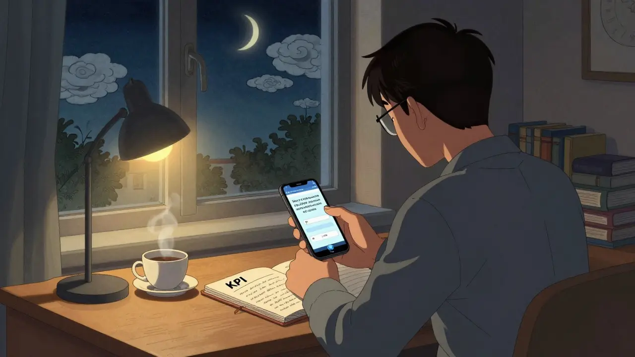 Рабочий читает email на телефоне вечером в Москве, свет лампы и тёплые тона