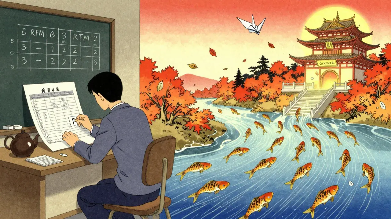 Разделённая сцена: на одном боку — ручная таблица Excel, на другом — золотые рыбы плывут к храму роста, учитель выпускает журавля из письма.
