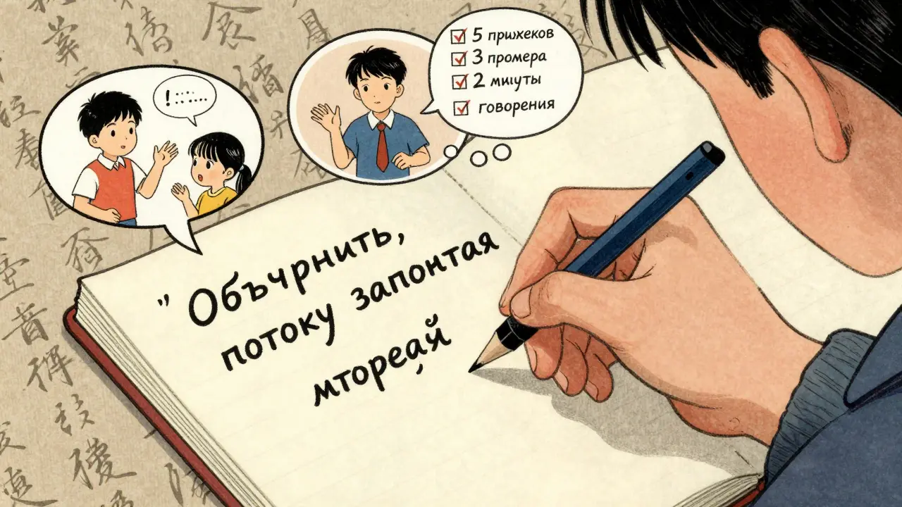 Рука ученика пишет объяснение грамматического правила, вокруг — мысленные образы успешного применения.