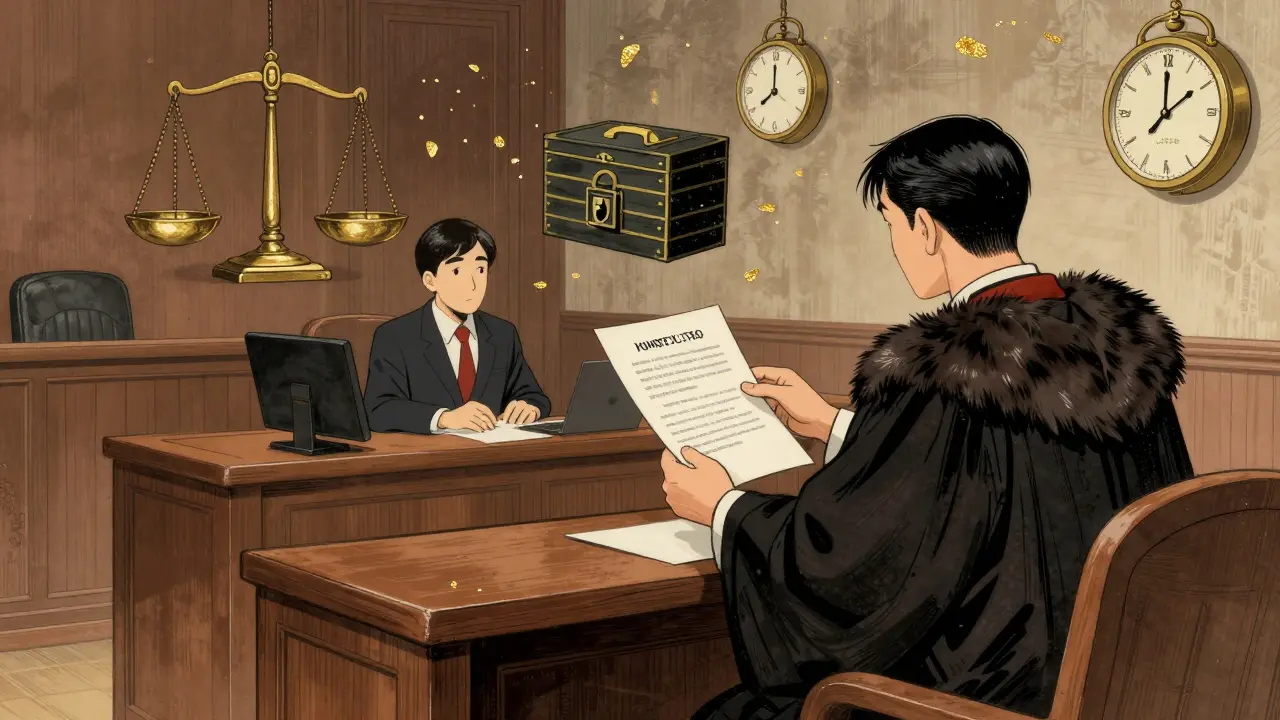 Судья рассматривает документы онлайн-школы, вокруг — символы юридической ответственности, в стиле укиё-э с золотыми акцентами.