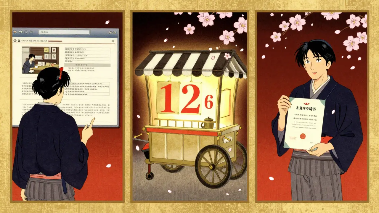 Три сцены: посещение страницы, корзина с таймером, студент с сертификатом — всё в стиле укиё-э с падающими лепестками сакуры.