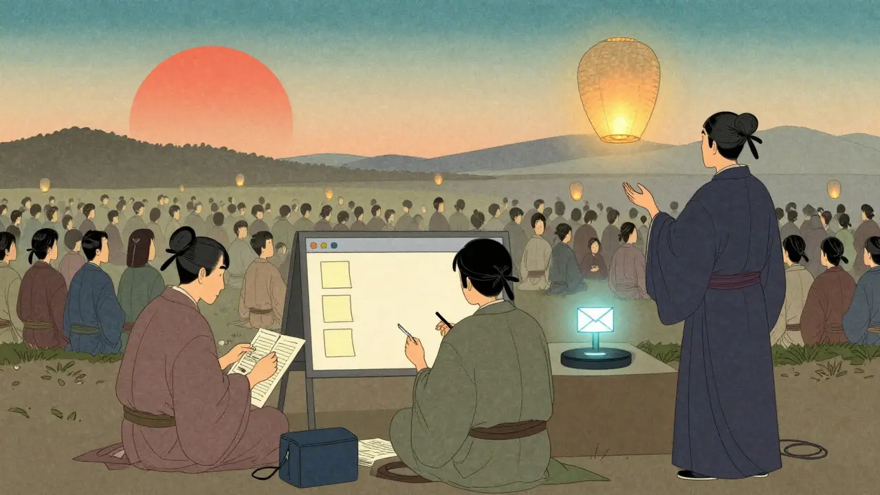 Три сотрудника спокойно работают: один готовит материалы, другой следит за доской, третье — автоматизированные письма летят как фонарики.