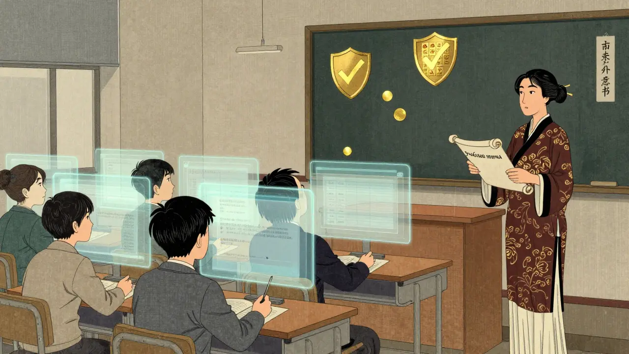 Ученики учатся через голограммы, а учитель держит учебную программу на свитке, символизируя законное образование.