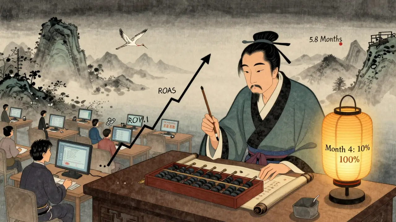Ученый рассчитывает ROMI и ROAS на свитке, окруженный скрытыми расходами и фазами роста.