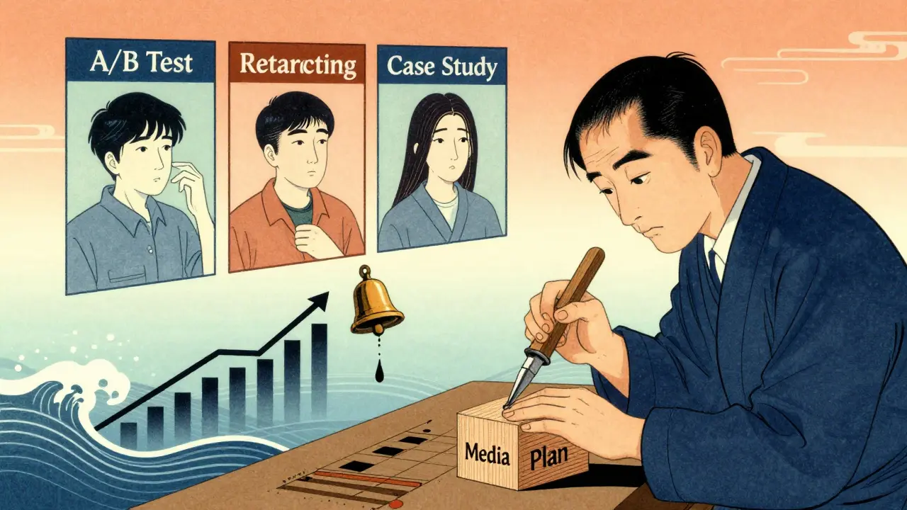 Укиё-э стиль: мастер создаёт медиаплан как деревянный блок, вокруг — аудитории и инструменты аналитики в японском стиле.