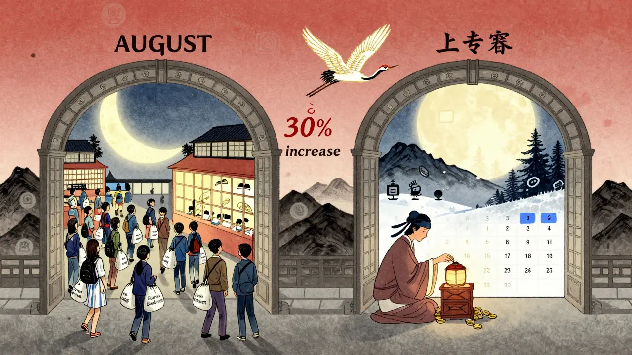 Укиё-э стиль: сезонный ритм бюджета — август и январь как врата с учениками и письмами в стиле японской гравюры.