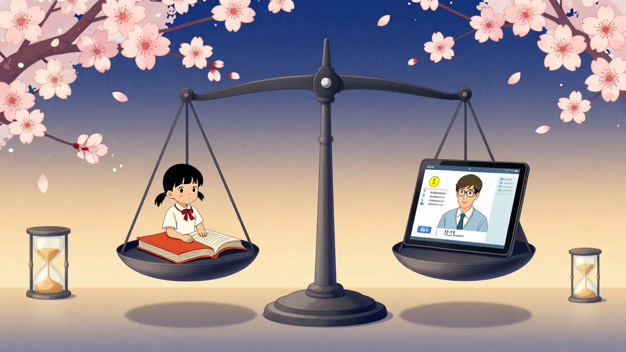 Весы с детским и онлайн-курсом, сбалансированные, в стиле укиё-э с цветами сакуры и песочными часами.