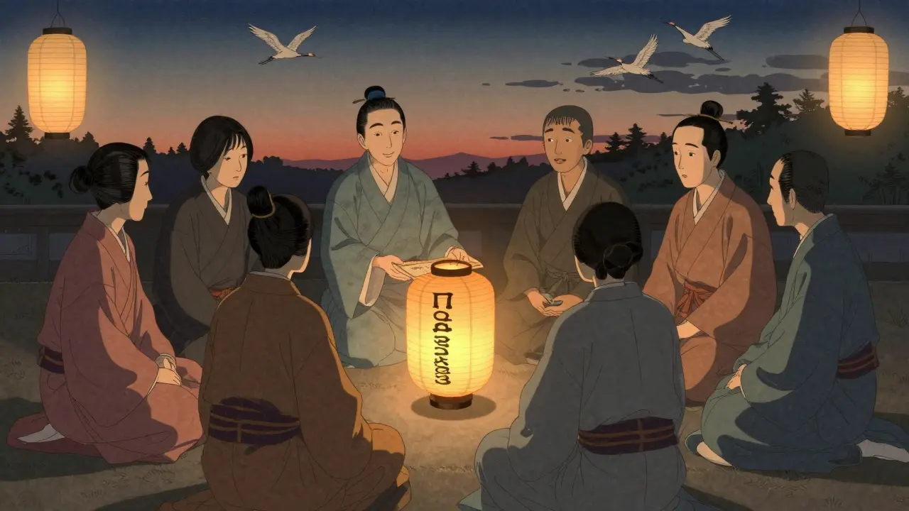 Восемь человек передают сертификат вокруг светящегося фонаря.