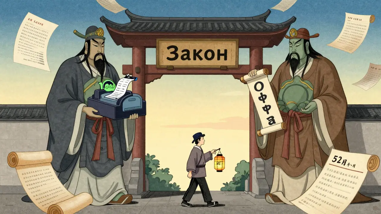 Врата закона охраняют мифические существа, а предприниматель проходит через них с документами и онлайн-кассой.