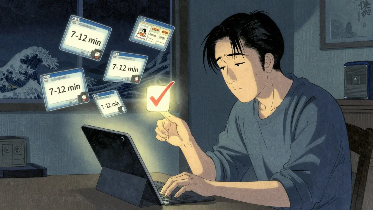 Взрослый ученик смотрит на планшет, над которым светится один оптимальный короткий урок.