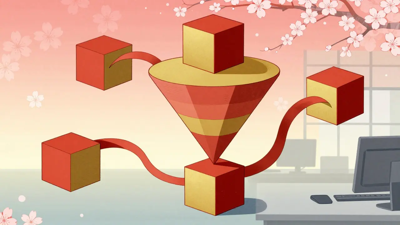 Абстрактные блоки воронки продаж на фоне цветущих сакуры